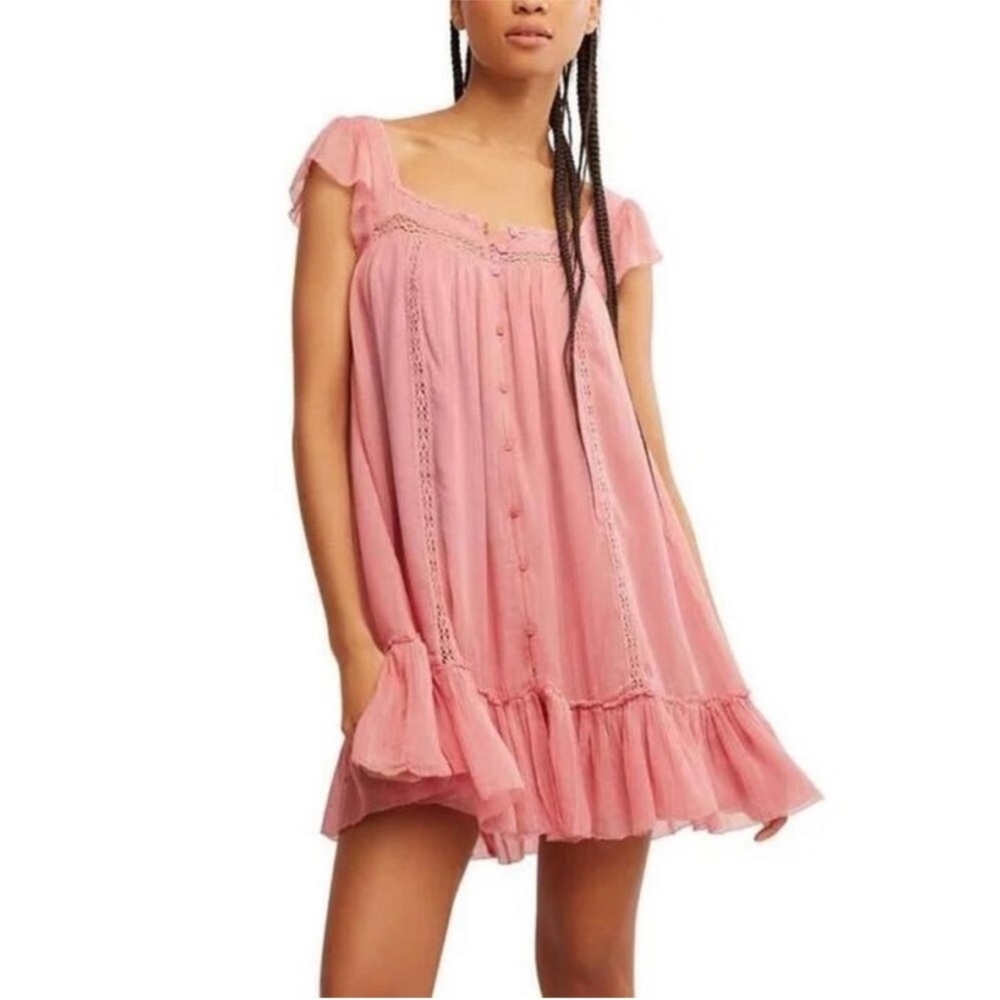 Free People Olivia Gauze Babydoll Dress in Flamingo Pink Size SM  $128 MSRP NWT - Picture 9 of 10